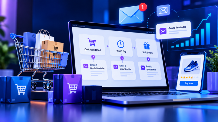 Laptop showing ecommerce abandoned-cart recovery email automation workflow
