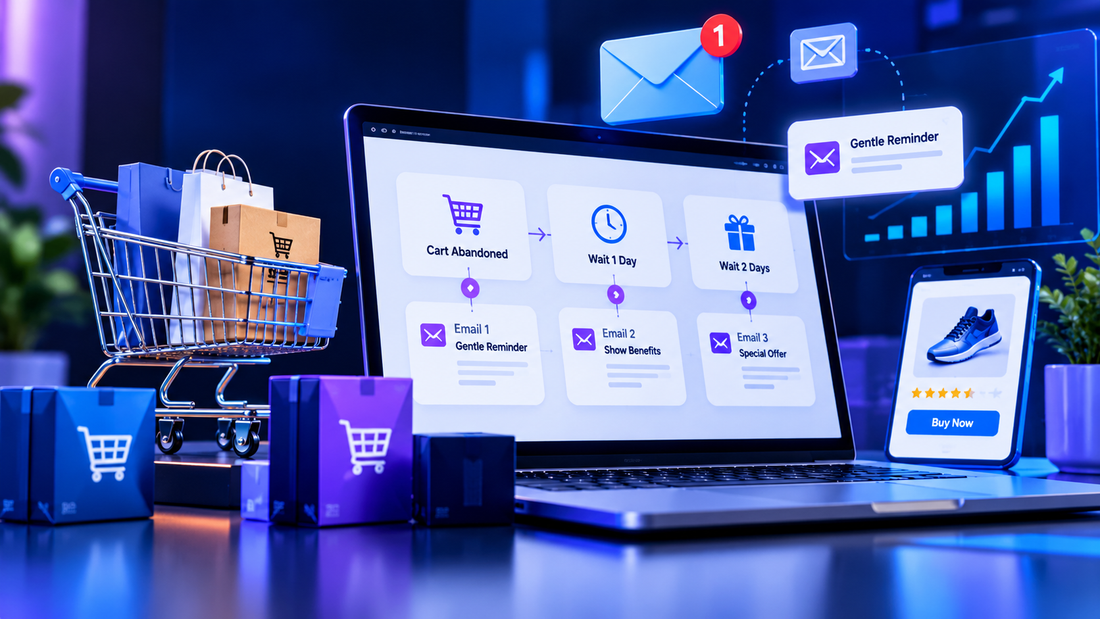 Laptop showing ecommerce abandoned-cart recovery email automation workflow
