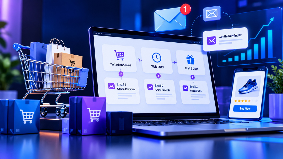 Laptop showing ecommerce abandoned-cart recovery email automation workflow