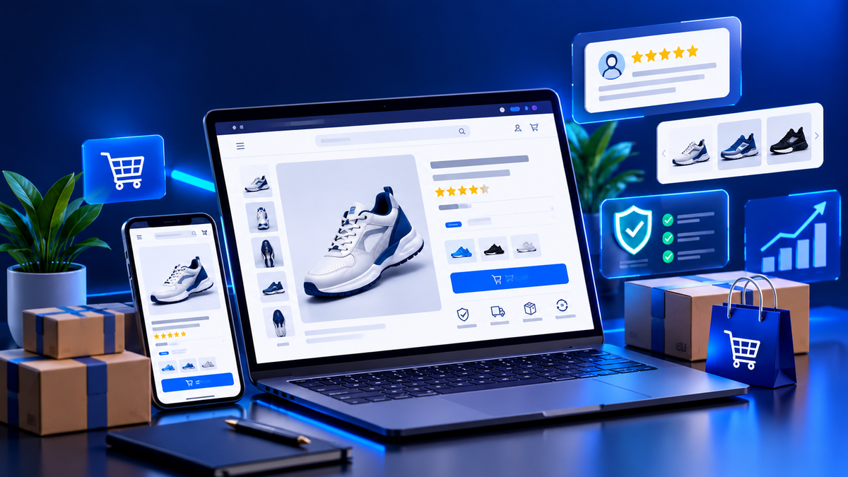 Ecommerce product-page optimization illustration with product gallery and trust panels