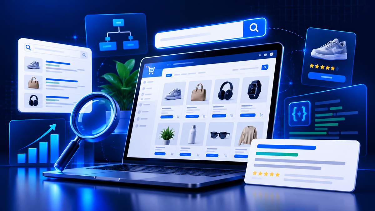Ecommerce laptop and search analytics panels illustrating Shopify SEO